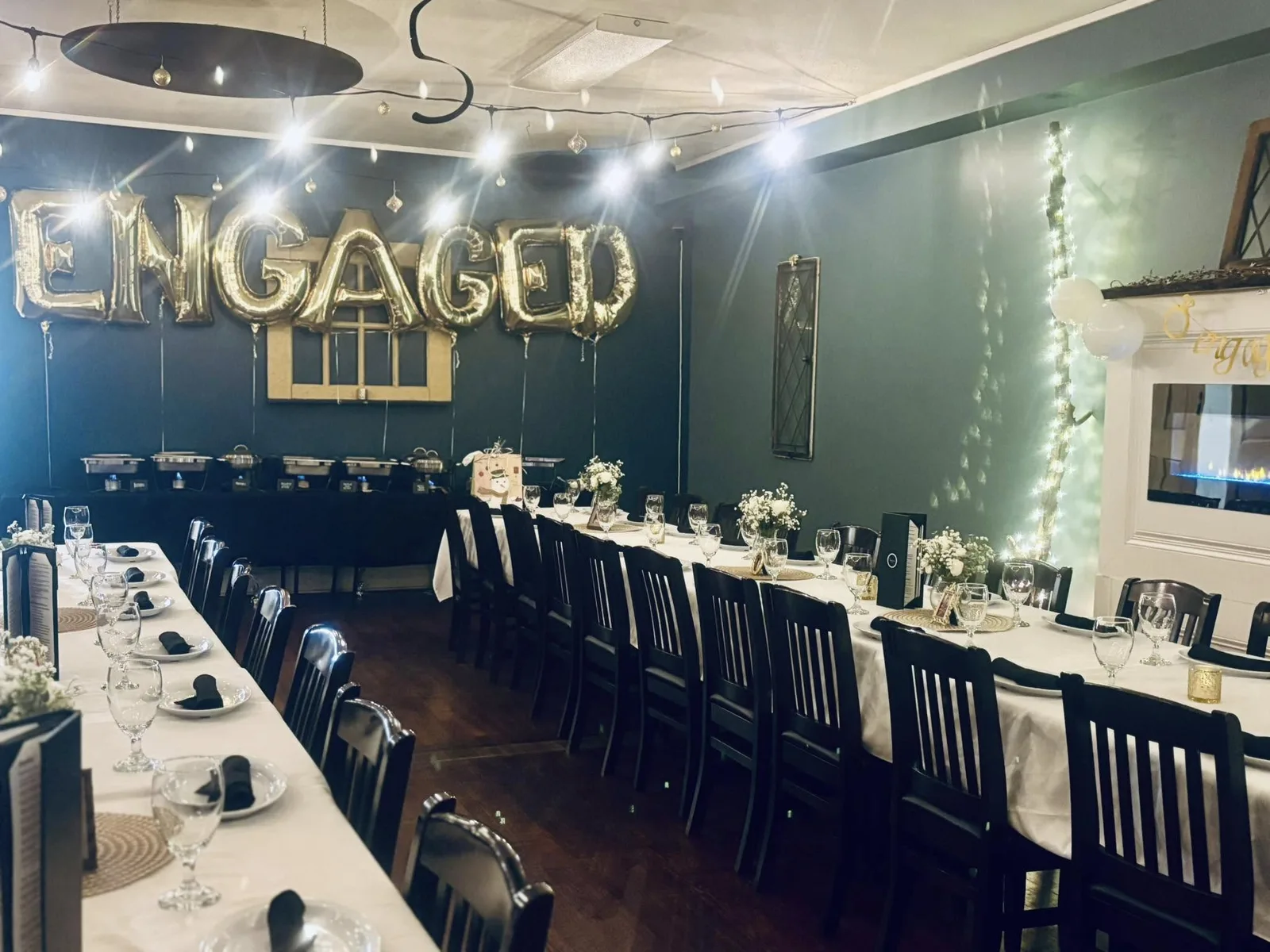 The dining room dressed for a celebration